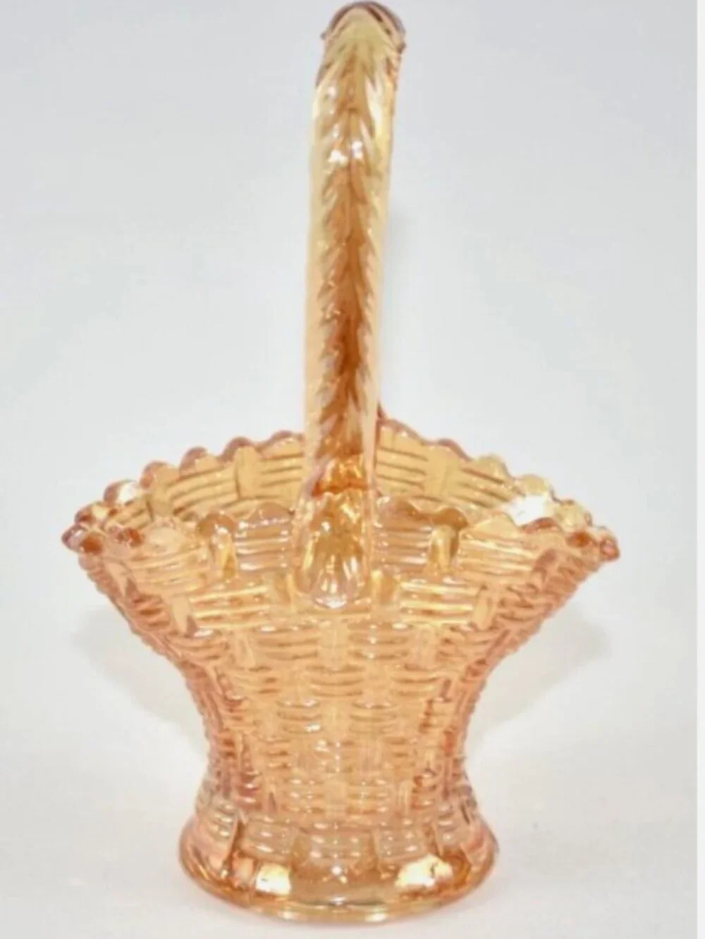 VINTAGE Marigold Small Carnival Glass Weave Handled Basket